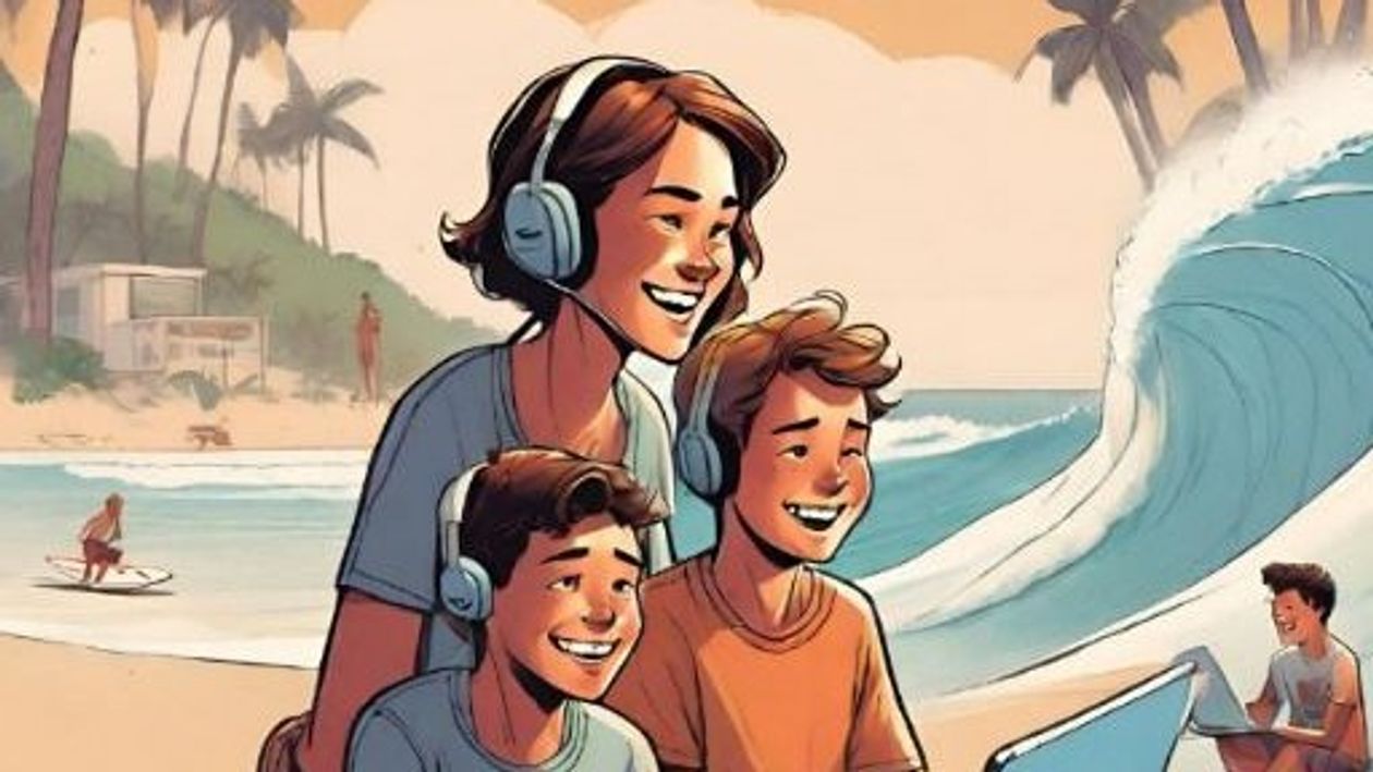 Ragazzi che usano il PC in spiaggia insieme alla madre